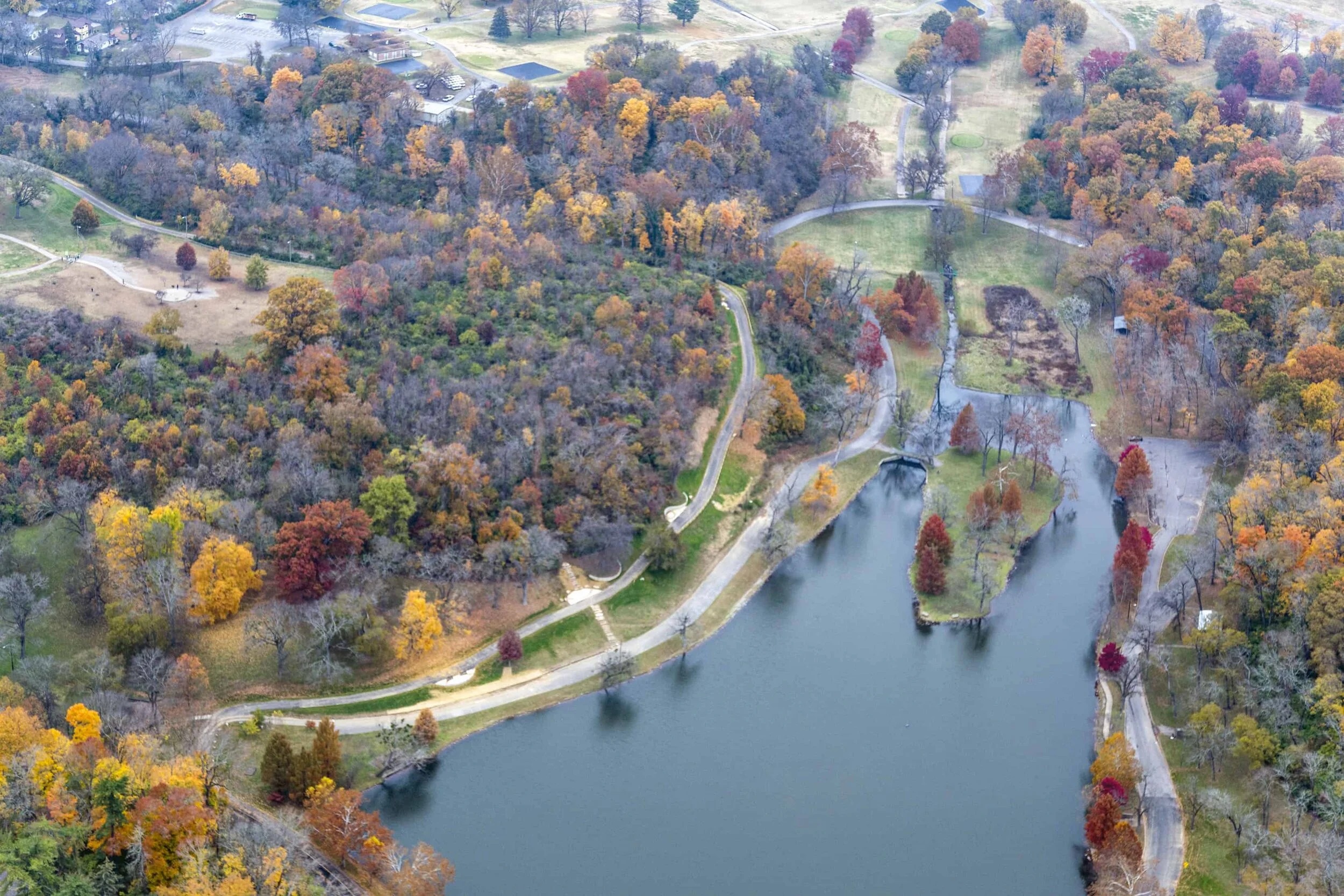 Fall aerial of Shelby Bottoms Greenway and lake