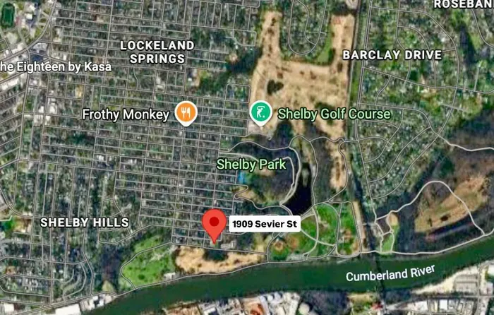 Map showing 1909 Sevier Street near Shelby Park, Shelby Golf Course, Frothy Monkey, and Cumberland River